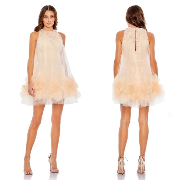 Mac Duggal 11294 Halter Neck Flowy Petal A-Line Mini Dress NWT Peach - Picture 2 of 8